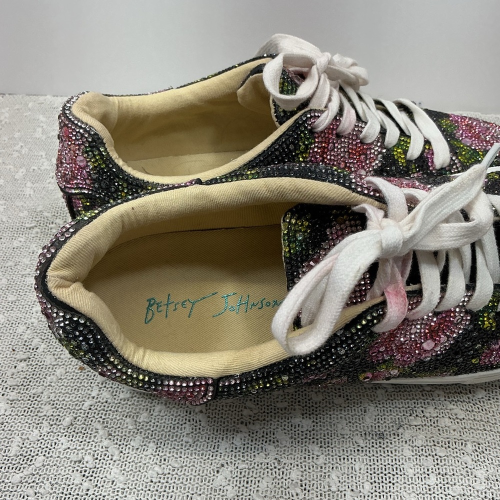 Betsey Johnson Sidny Black Sequin pink Floral Platform Sneakers Shoes size 8 - Picture 10 of 11